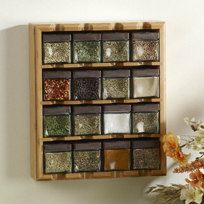 Spice Rack Set Multipurpose Countertop Pantry Spy Wood Condiment Organizer Shelf 16 Grid with Jars