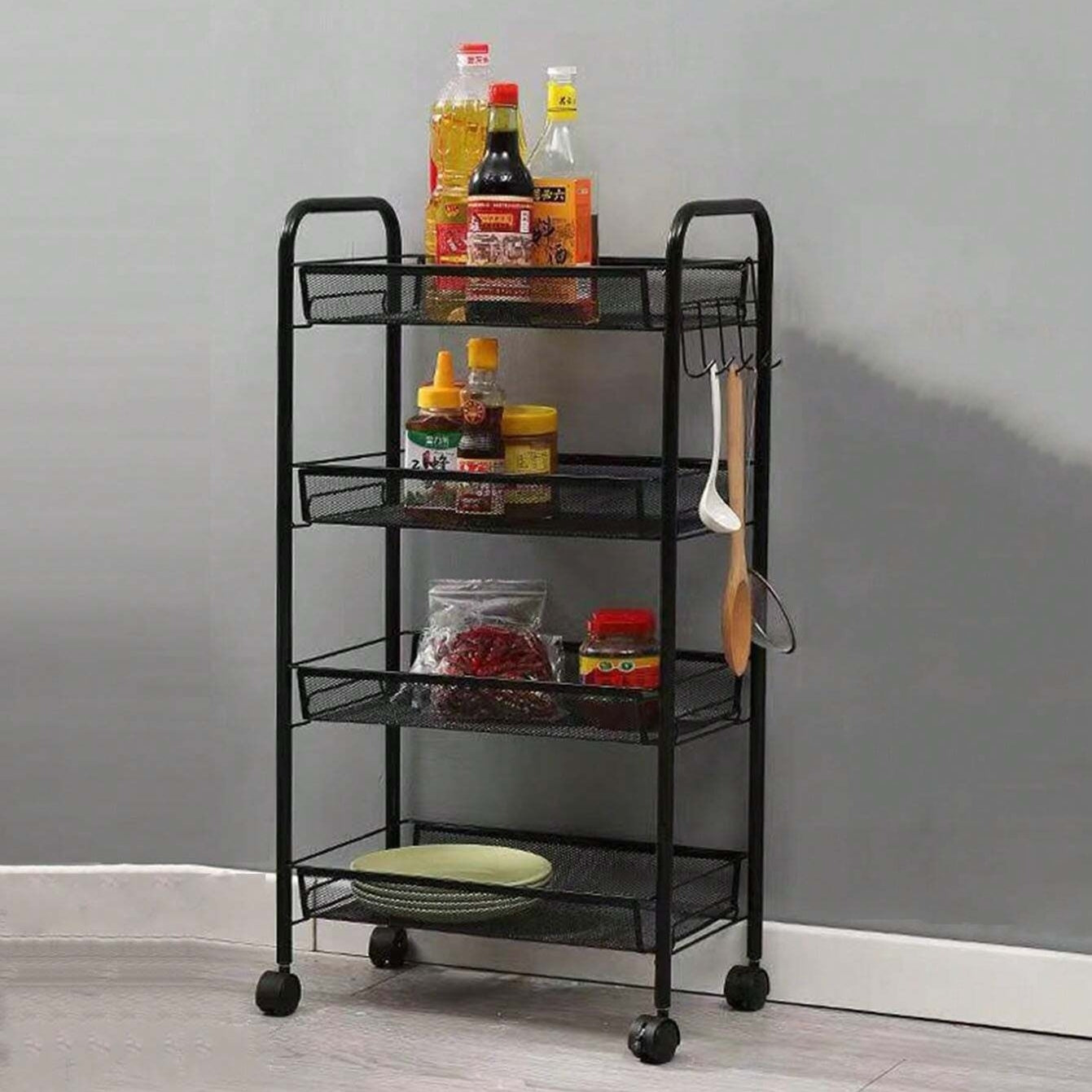 Metal Mesh Utility Cart 4 Tier Metal Storage Rolling Mesh Utility Trolley Cart with Wheels