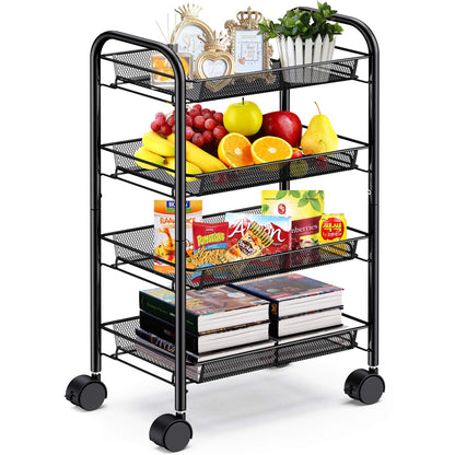 Metal Mesh Utility Cart 4 Tier Metal Storage Rolling Mesh Utility Trolley Cart with Wheels