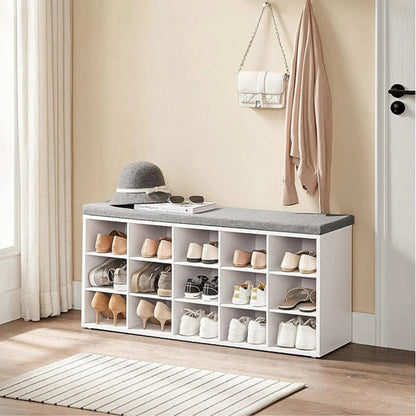 Bench Shoe Rack White Entryway 15 Cubbies Bench Compartments Shoe Rack with Cushion