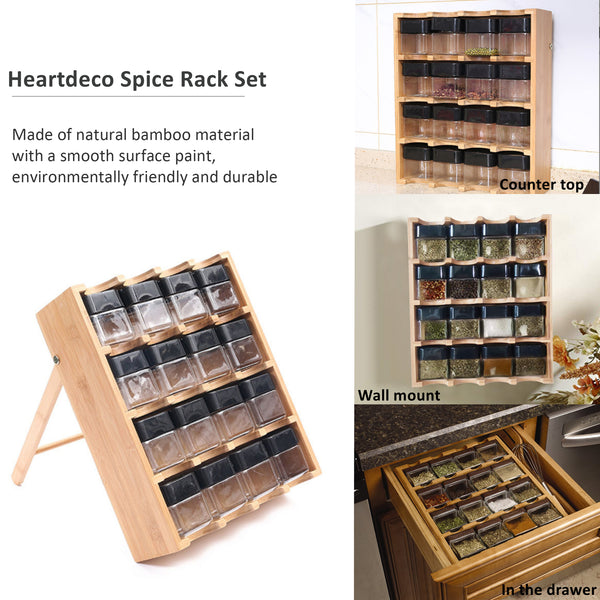 Spice Rack Set Multipurpose Countertop Pantry Spy Wood Condiment Organizer Shelf 16 Grid with Jars