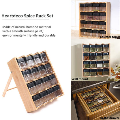 Spice Rack Set Multipurpose Countertop Pantry Spy Wood Condiment Organizer Shelf 16 Grid with Jars