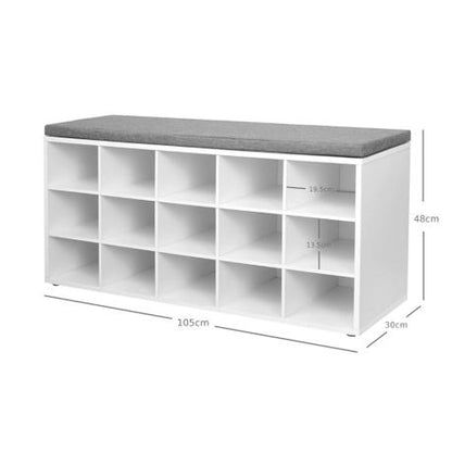 Bench Shoe Rack White Entryway 15 Cubbies Bench Compartments Shoe Rack with Cushion