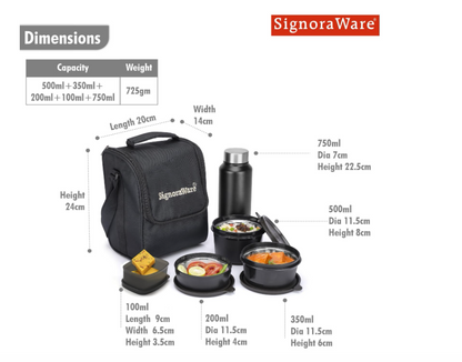 Signoraware - Monarch 5 Piece Lunch Bag Set with Stainless Steel Flask